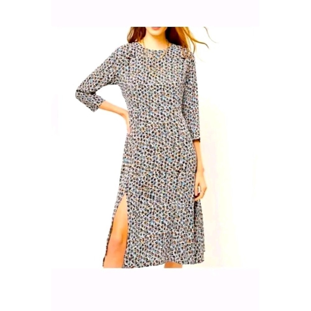 Loft Abstract Floral Midi Dress Blue Orange 3/4 Sleeve Side‎ Slit Size 0 SP21